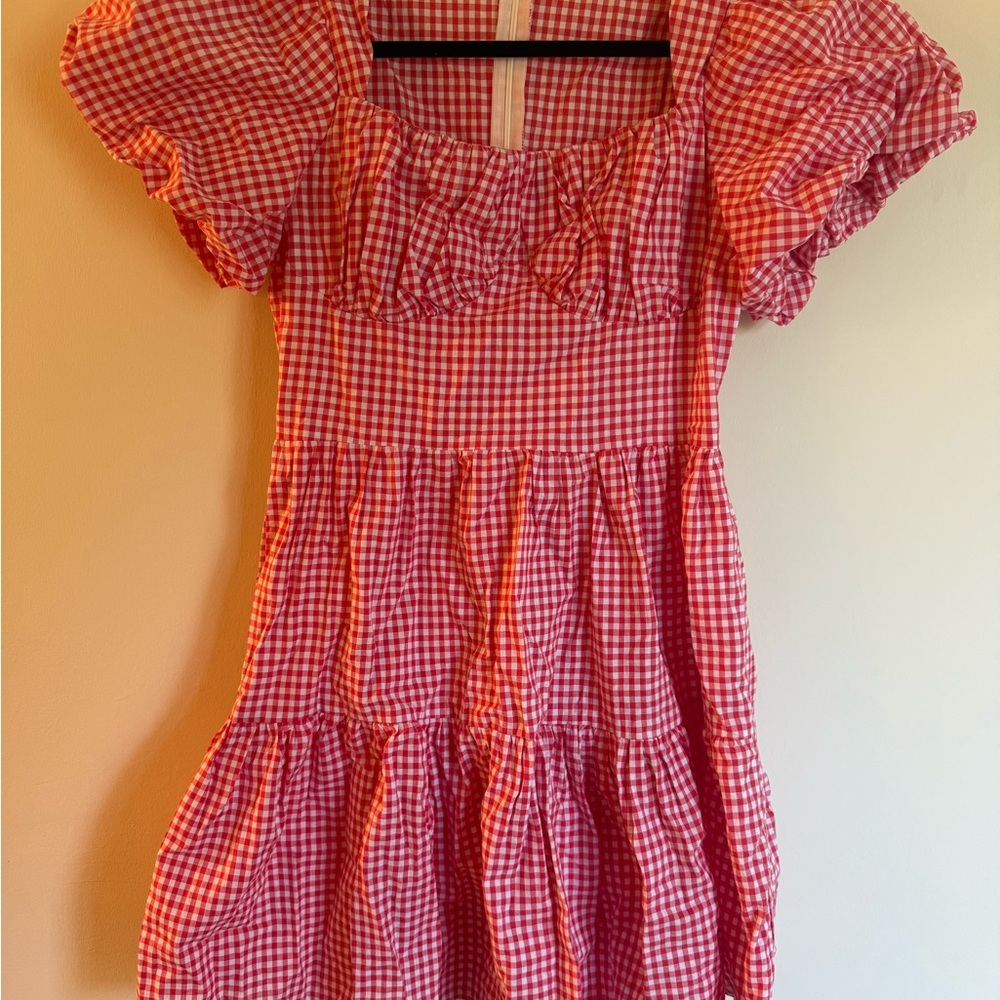 Women's Casual Plaid Mini Dress Scoop Neck Short Puff Sleeve Sundress A-Line M